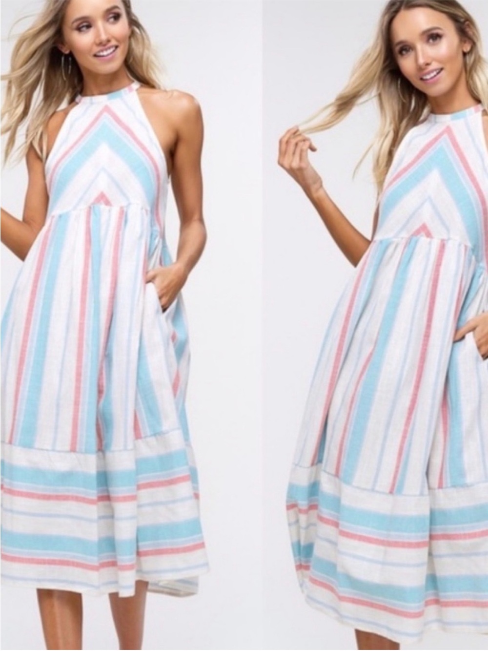 Listicle Striped Halter Midi Dress in White, Aqua & Coral